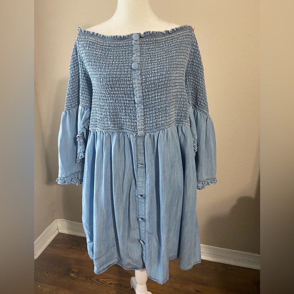 Venus Chambray Off Shoulder Dress Gathered Bust Faux Button Front Plus Size 24